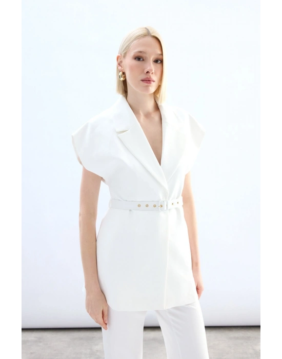 Kemerli Uzun Yelek - Ekru