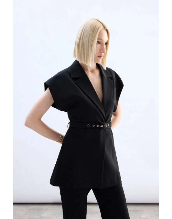 Kemerli Uzun Yelek - Siyah