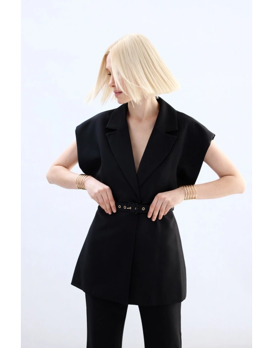 Kemerli Uzun Yelek - Siyah