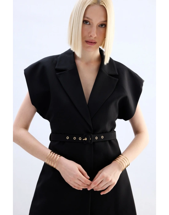 Kemerli Uzun Yelek - Siyah