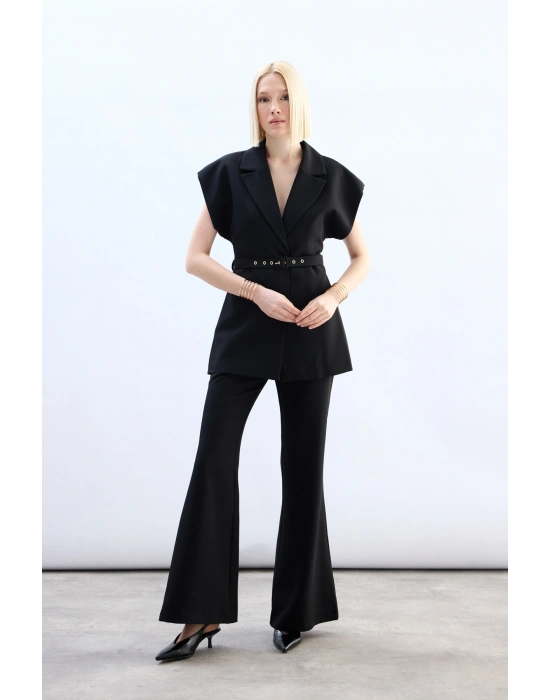 Kemerli Uzun Yelek - Siyah