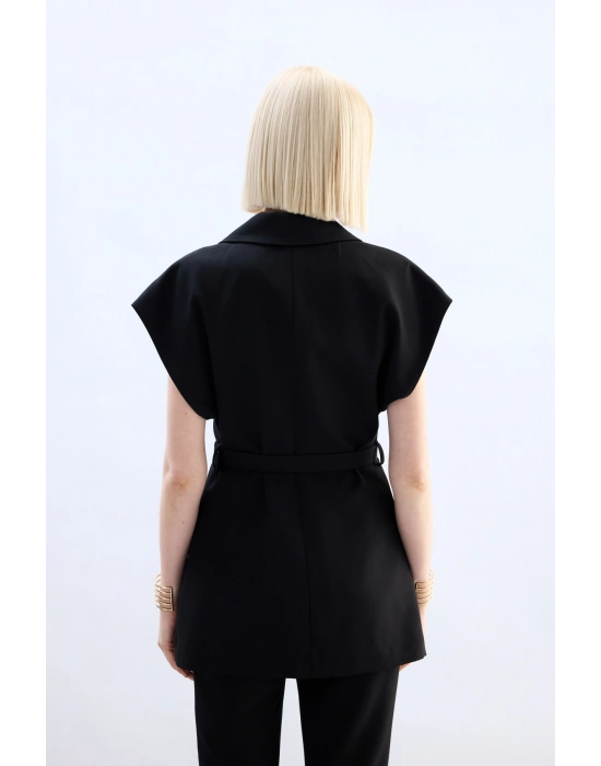 Kemerli Uzun Yelek - Siyah