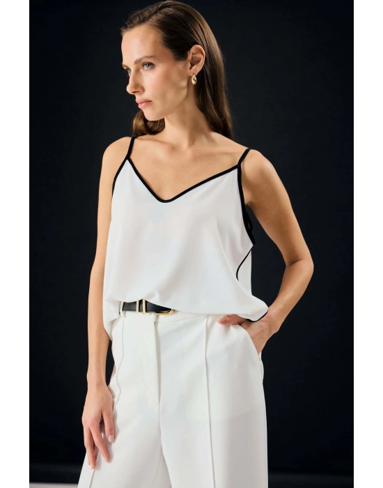 Kontrast Askılı Bluz - Ekru