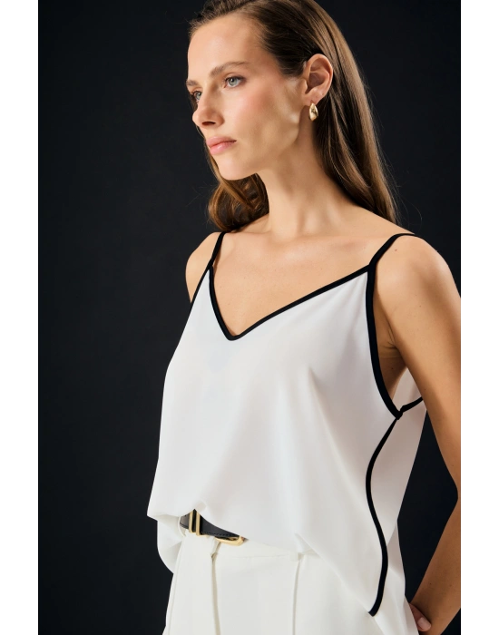 Kontrast Askılı Bluz - Ekru