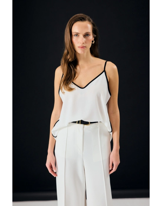 Kontrast Askılı Bluz - Ekru