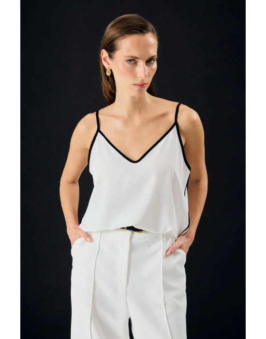 Kontrast Askılı Bluz - Ekru