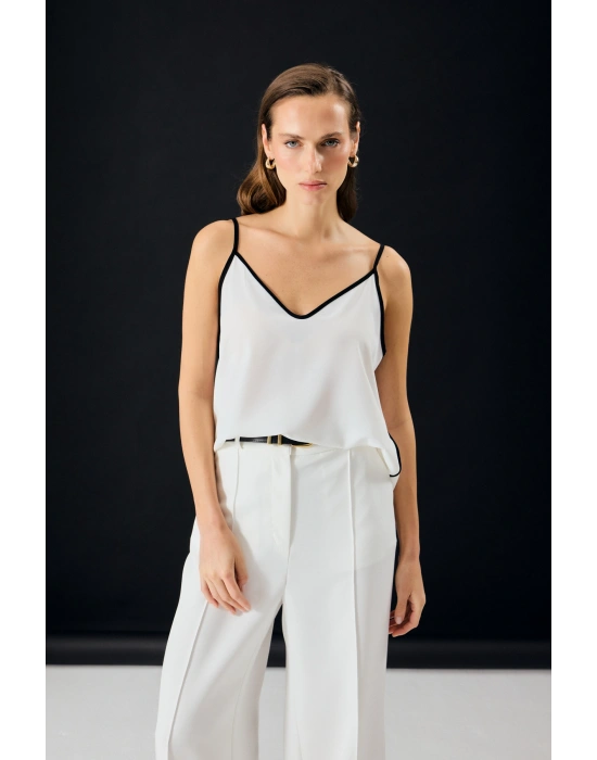 Kontrast Askılı Bluz - Ekru