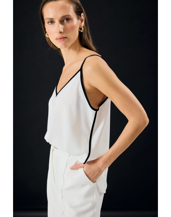 Kontrast Askılı Bluz - Ekru