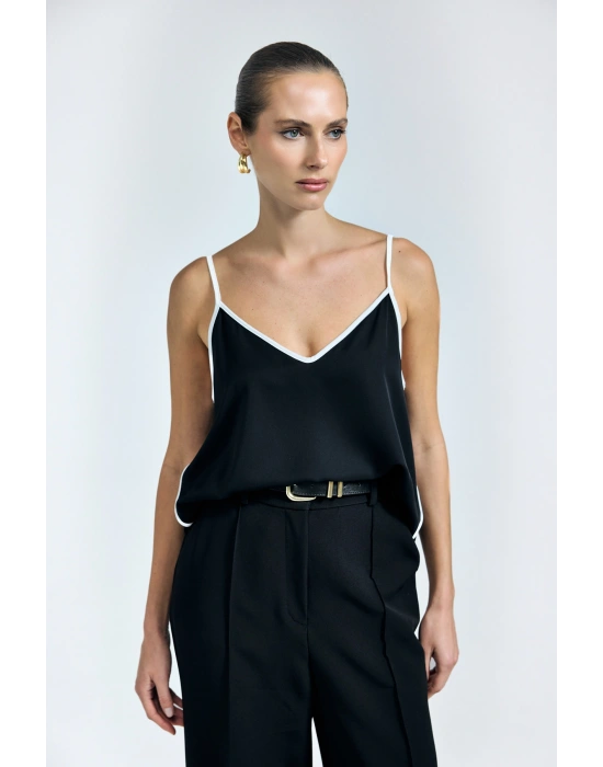 Kontrast Askılı Bluz - Siyah