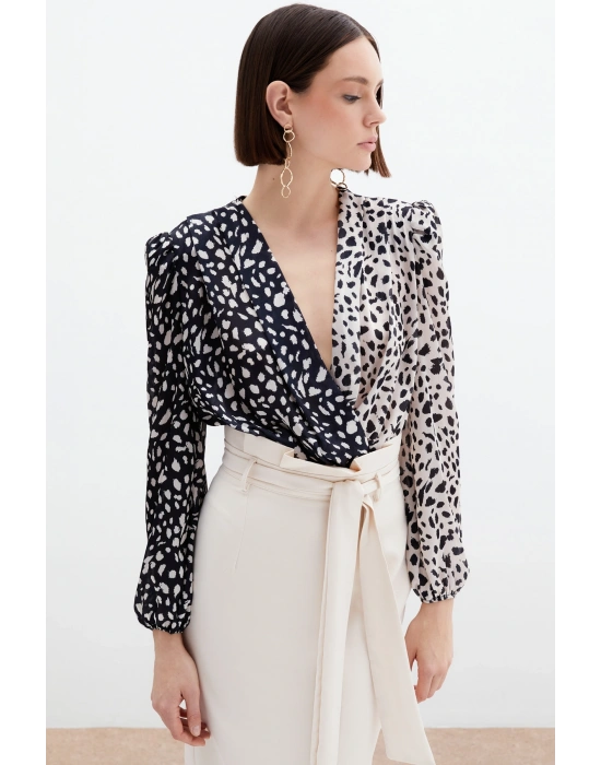 Kruvaze Desenli Bodysuit - Bej-Siyah