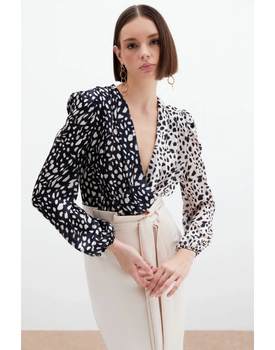 Kruvaze Desenli Bodysuit - Bej-Siyah