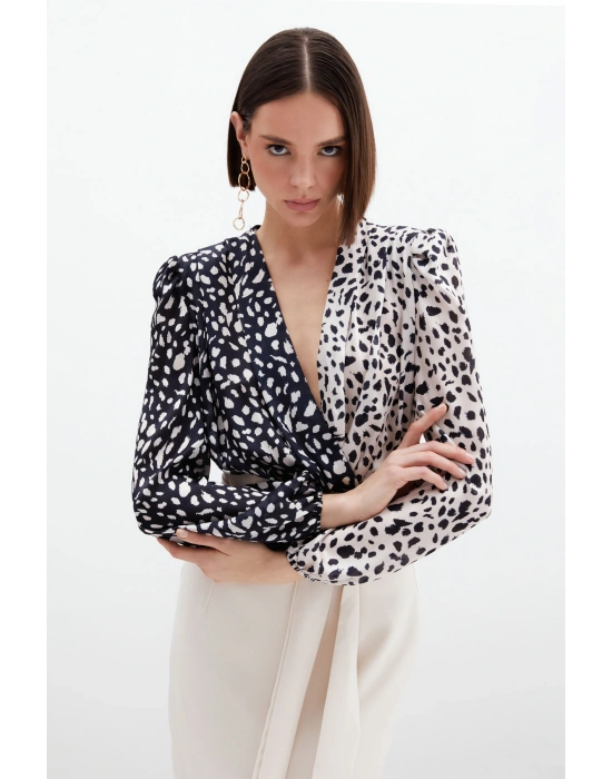 Kruvaze Desenli Bodysuit - Bej-Siyah