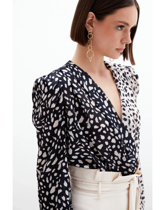 Kruvaze Desenli Bodysuit - Bej-Siyah