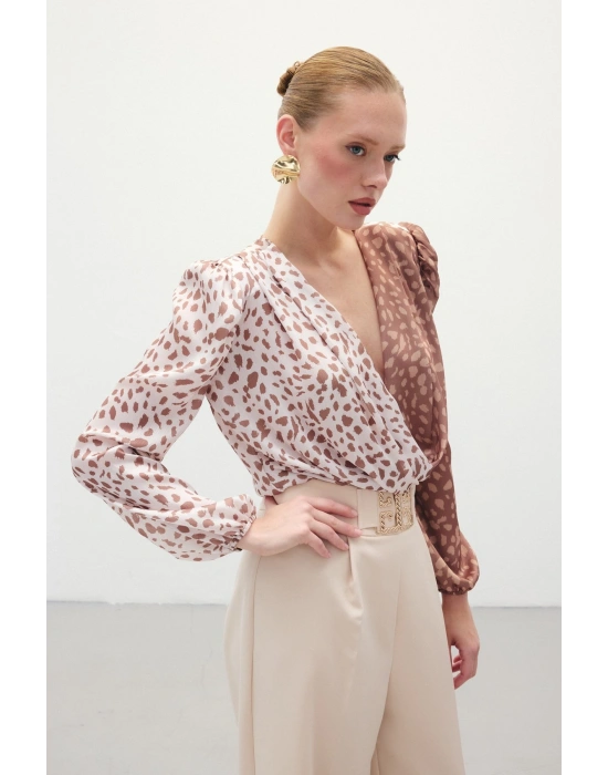 Kruvaze Desenli Bodysuit - Kahve-Bej