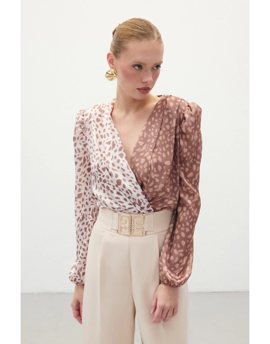 Kruvaze Desenli Bodysuit - Kahve-Bej