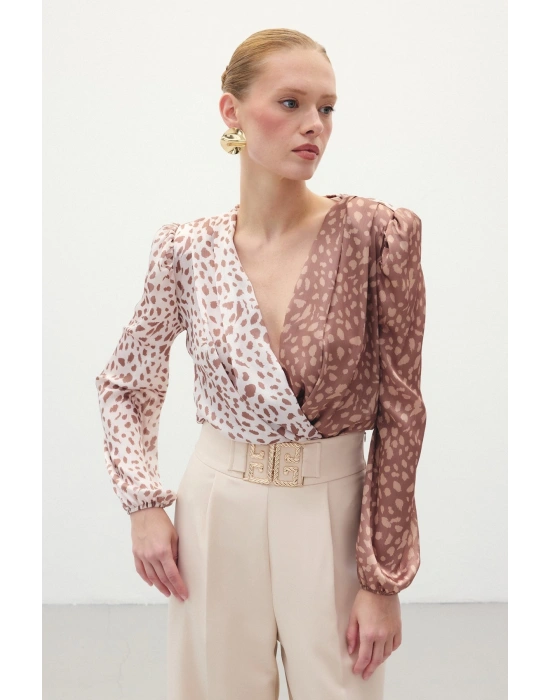 Kruvaze Desenli Bodysuit - Kahve-Bej