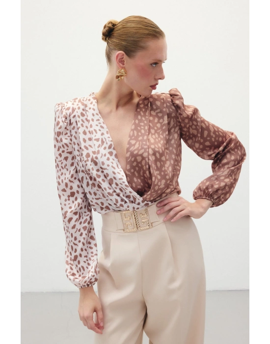 Kruvaze Desenli Bodysuit - Kahve-Bej