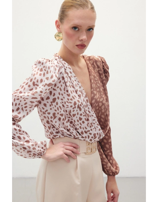 Kruvaze Desenli Bodysuit - Kahve-Bej