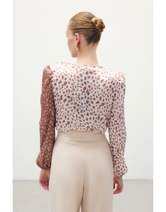 Kruvaze Desenli Bodysuit - Kahve-Bej