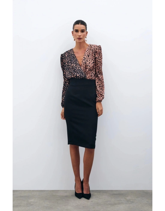 Kruvaze Desenli Bodysuit - Siyah-Camel