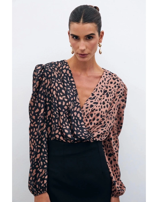 Kruvaze Desenli Bodysuit - Siyah-Camel