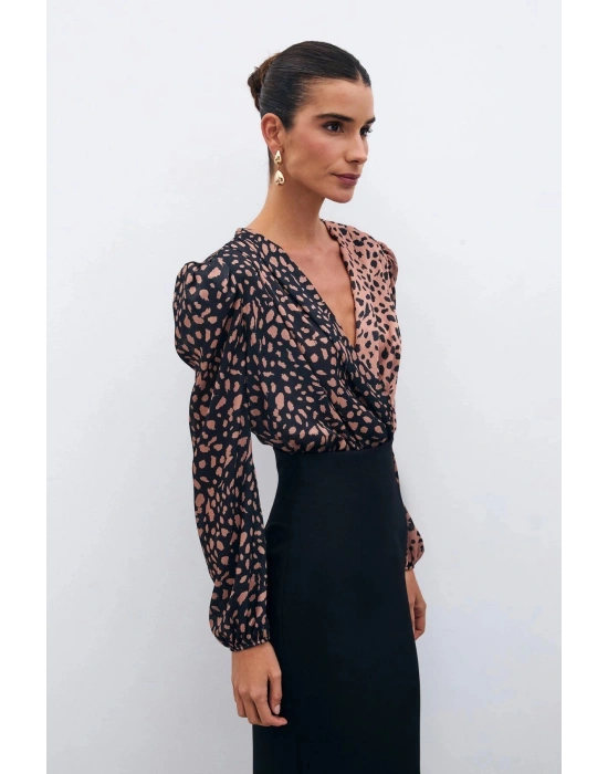 Kruvaze Desenli Bodysuit - Siyah-Camel