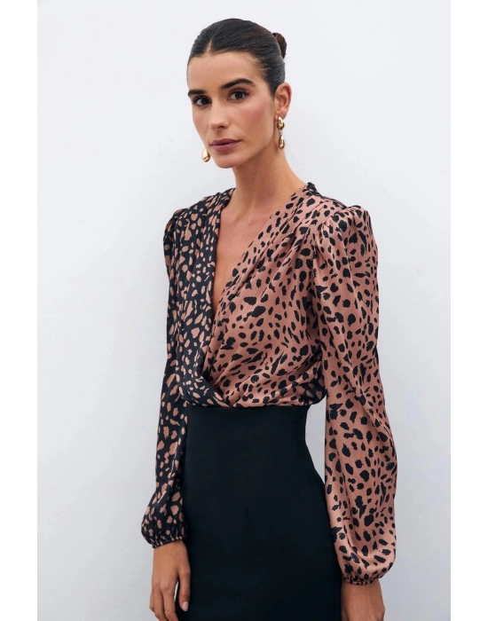 Kruvaze Desenli Bodysuit - Siyah-Camel