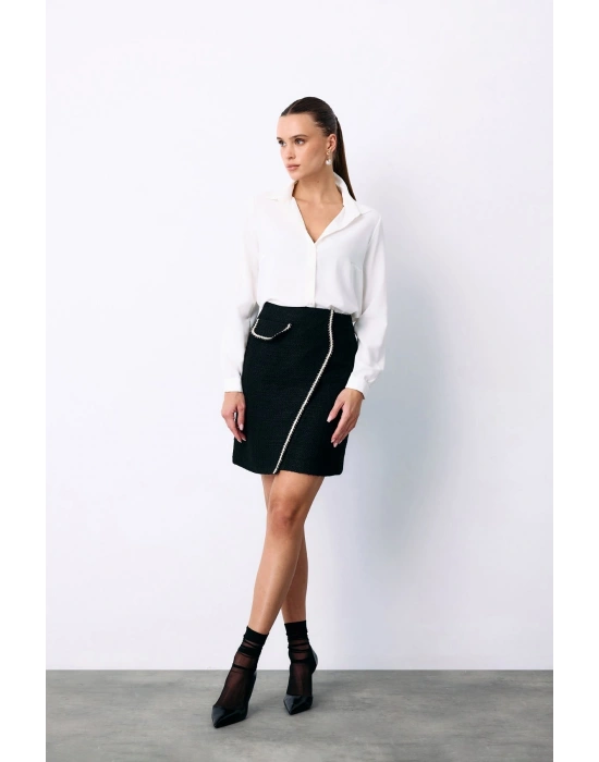 Kruvaze Süs Cepli Kısa Etek - Siyah