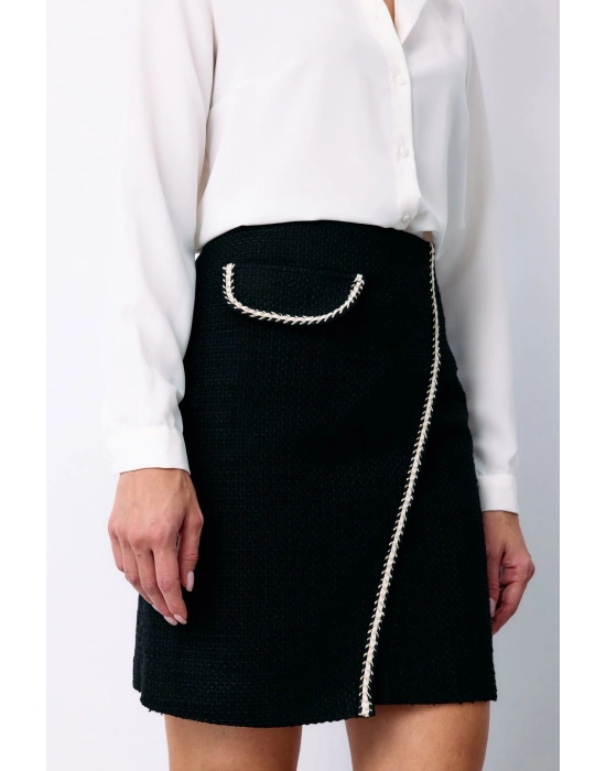 Kruvaze Süs Cepli Kısa Etek - Siyah
