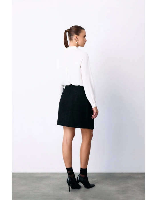 Kruvaze Süs Cepli Kısa Etek - Siyah