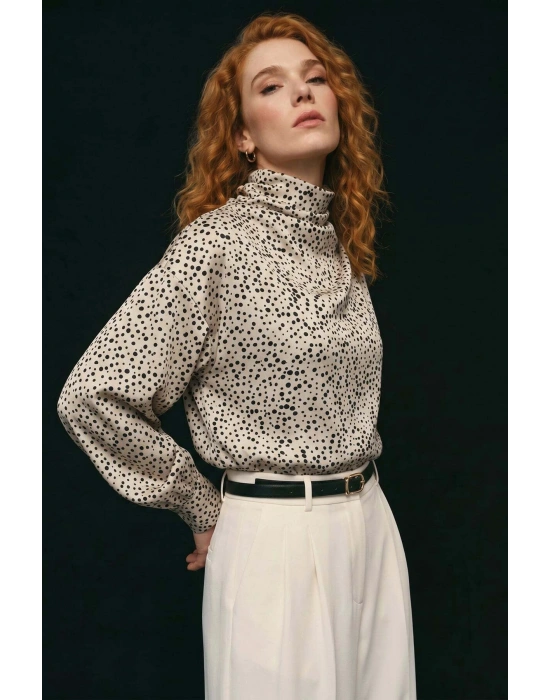 Küçük Puantiye Desenli Bluz - Bej