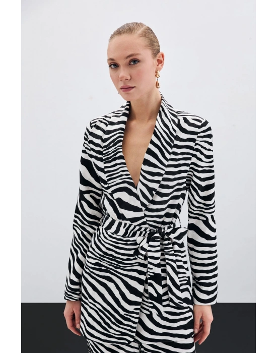 Kuşaklı Zebra Ceket - Siyah