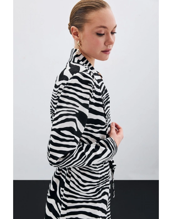 Kuşaklı Zebra Ceket - Siyah