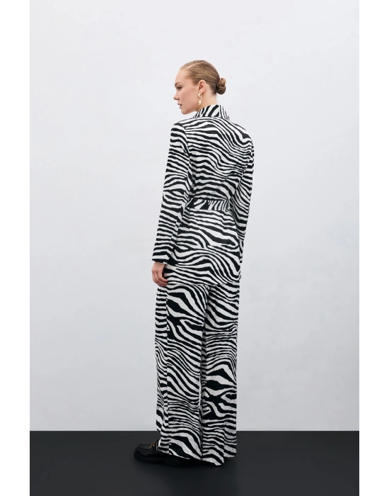 Kuşaklı Zebra Ceket - Siyah