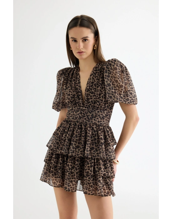 Leopar Desenli Balon Kol Mini Elbise Kahverengi