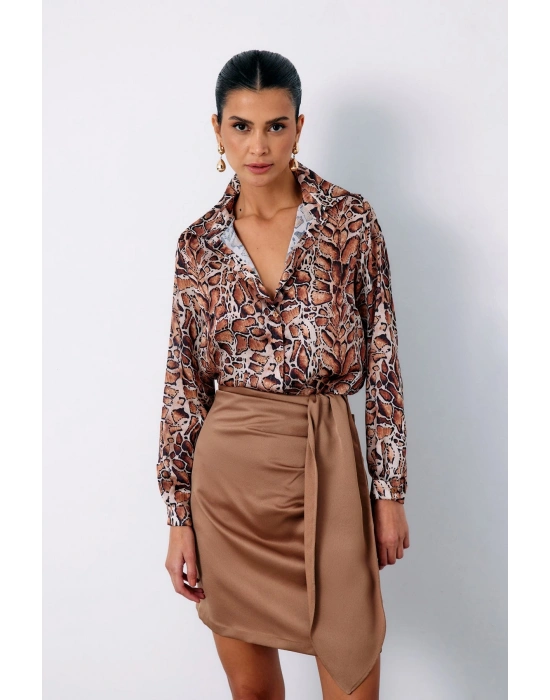 Leopar Desenli Klasik Gömlek - Taba