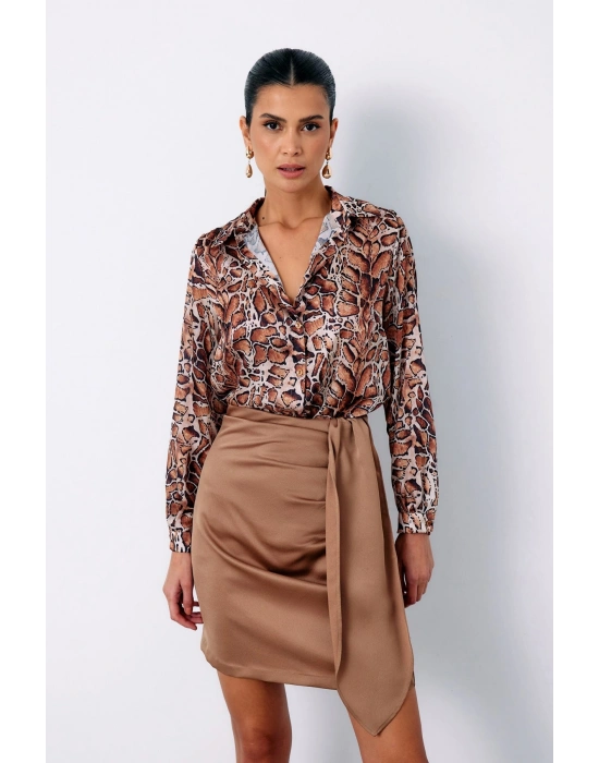 Leopar Desenli Klasik Gömlek - Taba