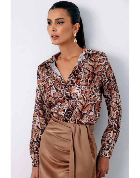 Leopar Desenli Klasik Gömlek - Taba