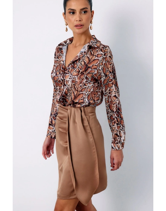 Leopar Desenli Klasik Gömlek - Taba