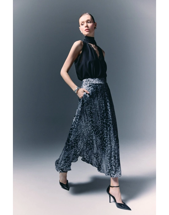 Leopar Desenli Uzun Etek - Siyah