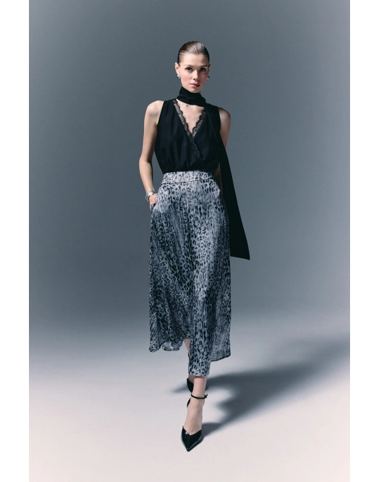 Leopar Desenli Uzun Etek - Siyah