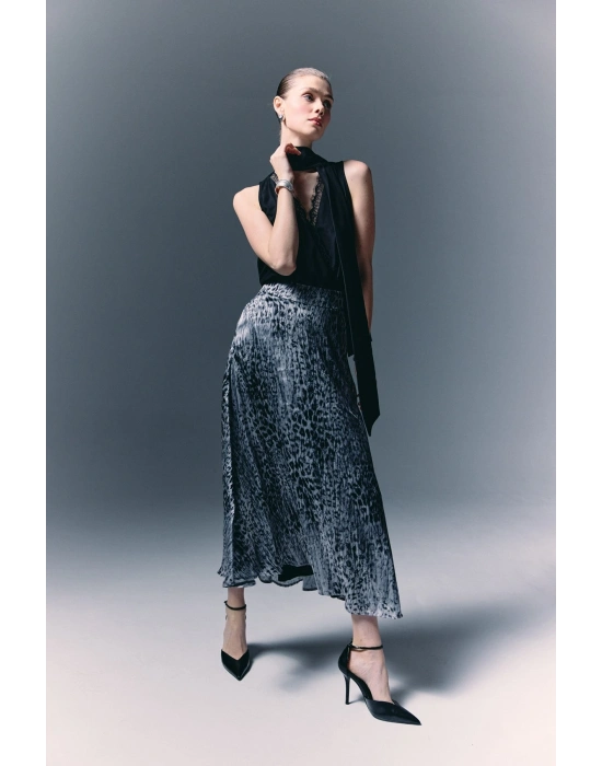 Leopar Desenli Uzun Etek - Siyah