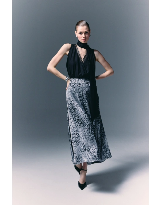 Leopar Desenli Uzun Etek - Siyah