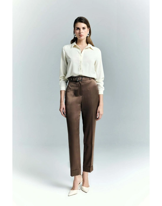 Lisa Saten Duble Paça Pantolon - Kahve