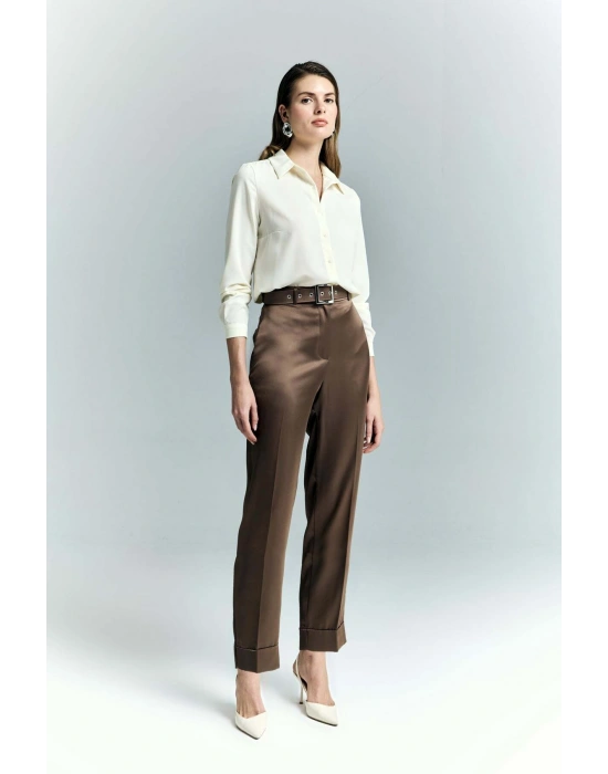 Lisa Saten Duble Paça Pantolon - Kahve