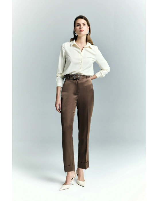 Lisa Saten Duble Paça Pantolon - Kahve