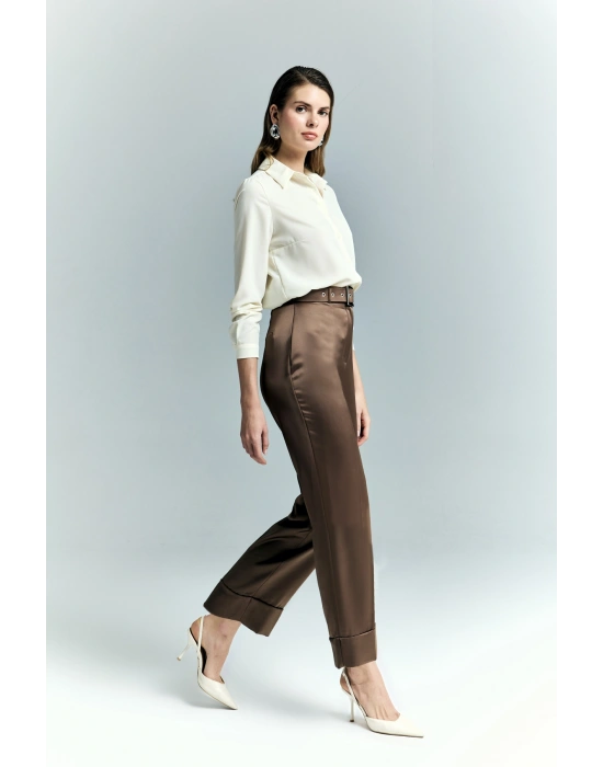 Lisa Saten Duble Paça Pantolon - Kahve