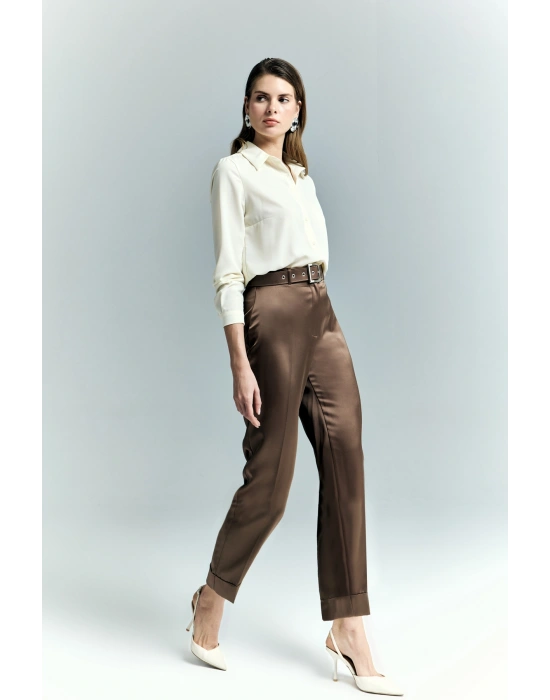 Lisa Saten Duble Paça Pantolon - Kahve