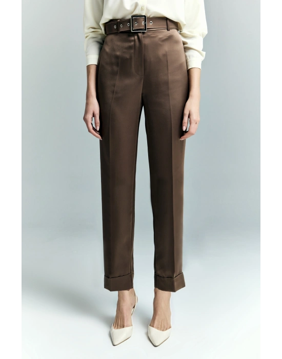 Lisa Saten Duble Paça Pantolon - Kahve