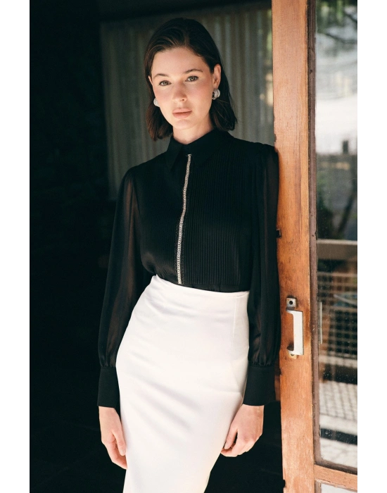 Nervür Detaylı Bluz - Siyah